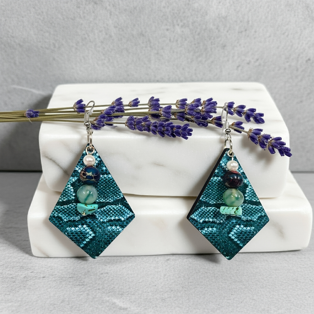 Teal Texture & Bead Earrings - Imagination Print