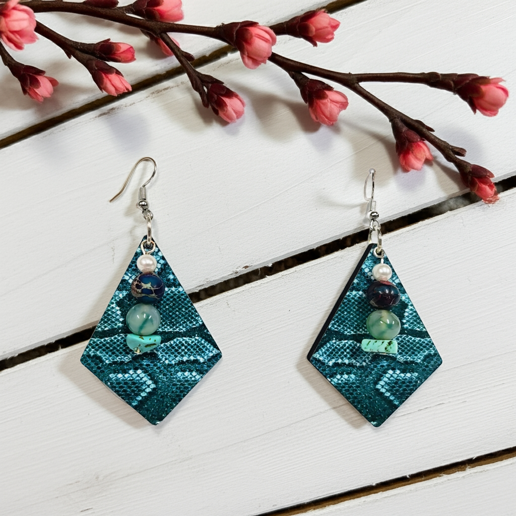 Teal Texture & Bead Earrings - Imagination Print